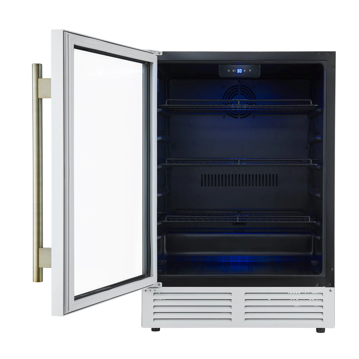 Forno Frescolino 24 Inch Beverage Cooler, White with Antique Brass Handles, with LED Lighting, Triple Glass Door, 188 Can Capacity FORNO