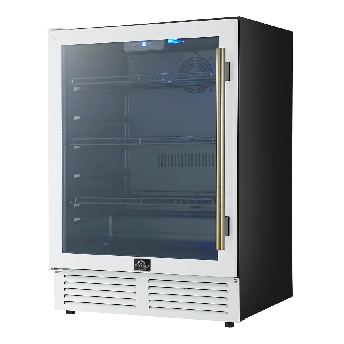 Forno Frescolino 24 Inch Beverage Cooler, White with Antique Brass Handles, with LED Lighting, Triple Glass Door, 188 Can Capacity FORNO