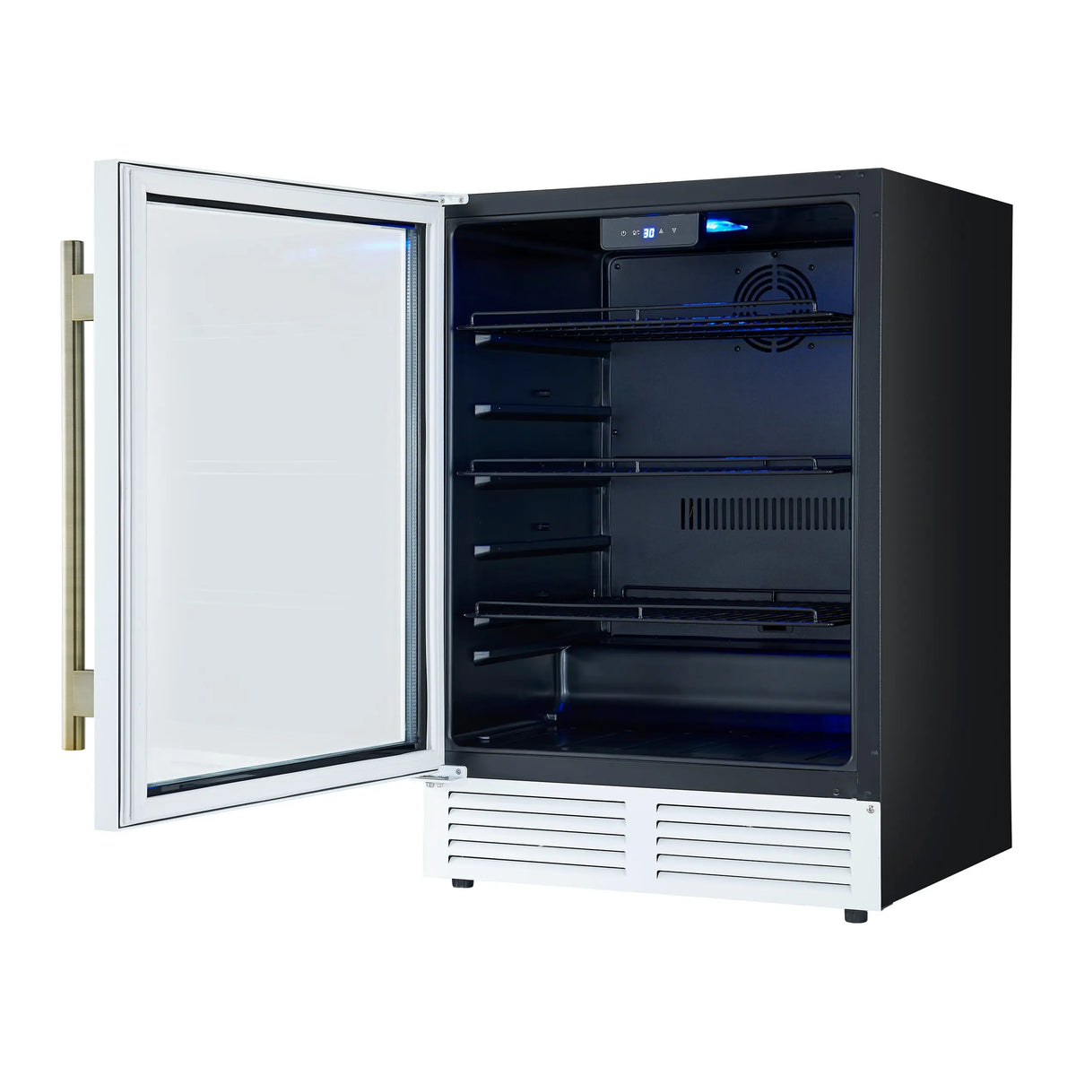 Forno Frescolino 24 Inch Beverage Cooler, White with Antique Brass Handles, with LED Lighting, Triple Glass Door, 188 Can Capacity FORNO