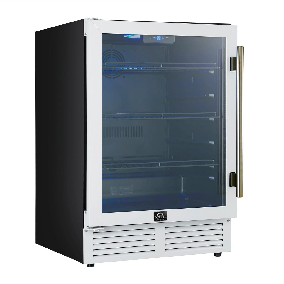 Forno Frescolino 24 Inch Beverage Cooler, White with Antique Brass Handles, with LED Lighting, Triple Glass Door, 188 Can Capacity FORNO