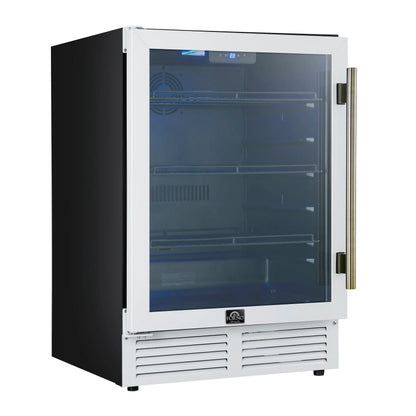 Forno Frescolino 24 Inch Beverage Cooler, White with Antique Brass Handles, with LED Lighting, Triple Glass Door, 188 Can Capacity FORNO