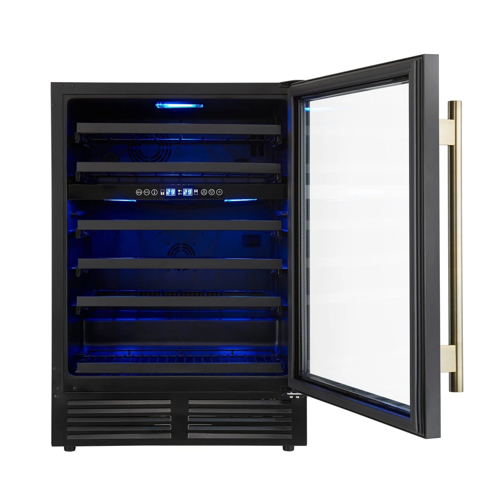 Forno Bacchino 24 Inch Wine Cooler, Black with Antique Brass Handles, with LED Lighting, Triple Glass Door, 51 Bottle Capacity, Built-In FORNO