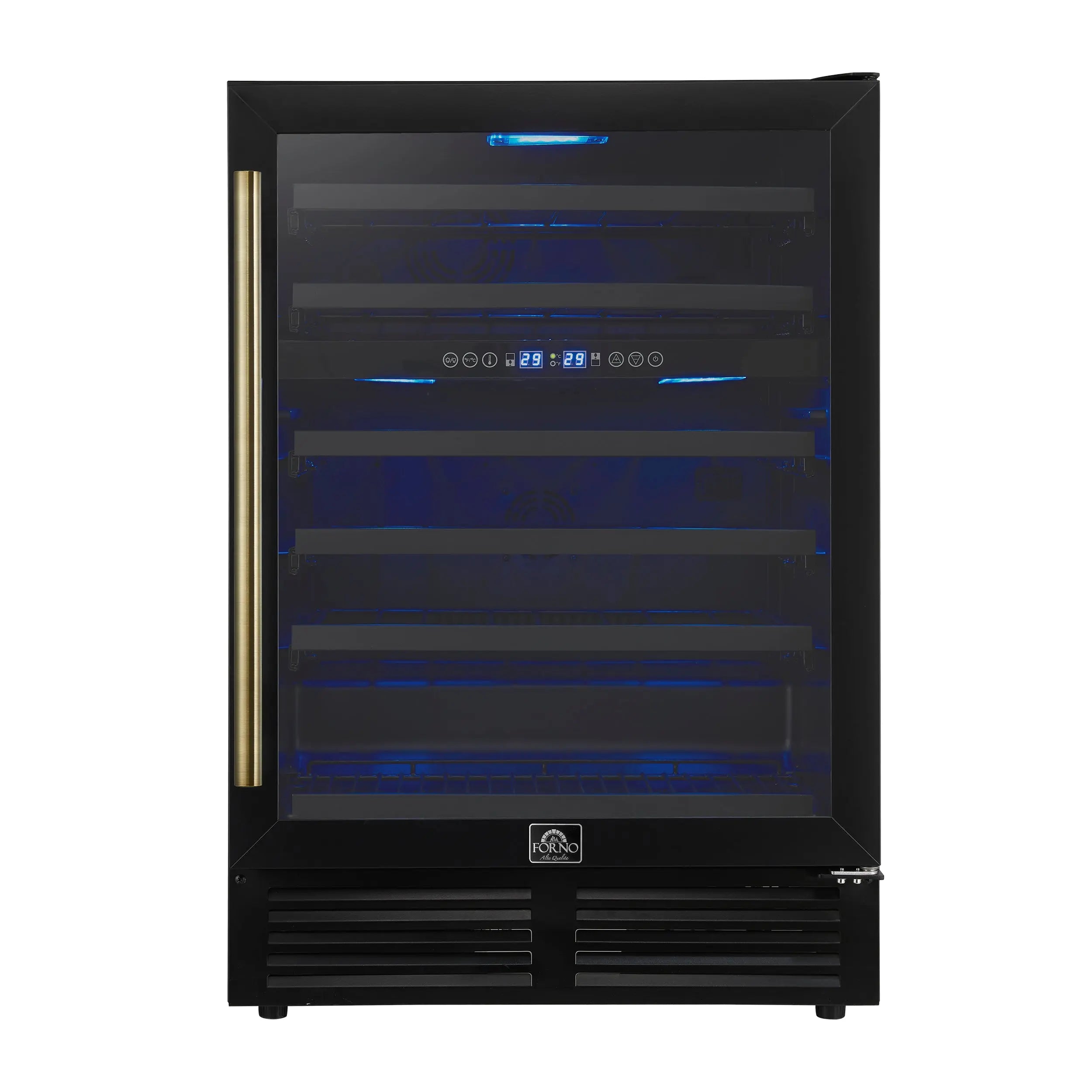 Forno Bacchino 24 Inch Wine Cooler, Black with Antique Brass Handles, with LED Lighting, Triple Glass Door, 51 Bottle Capacity, Built-In FORNO