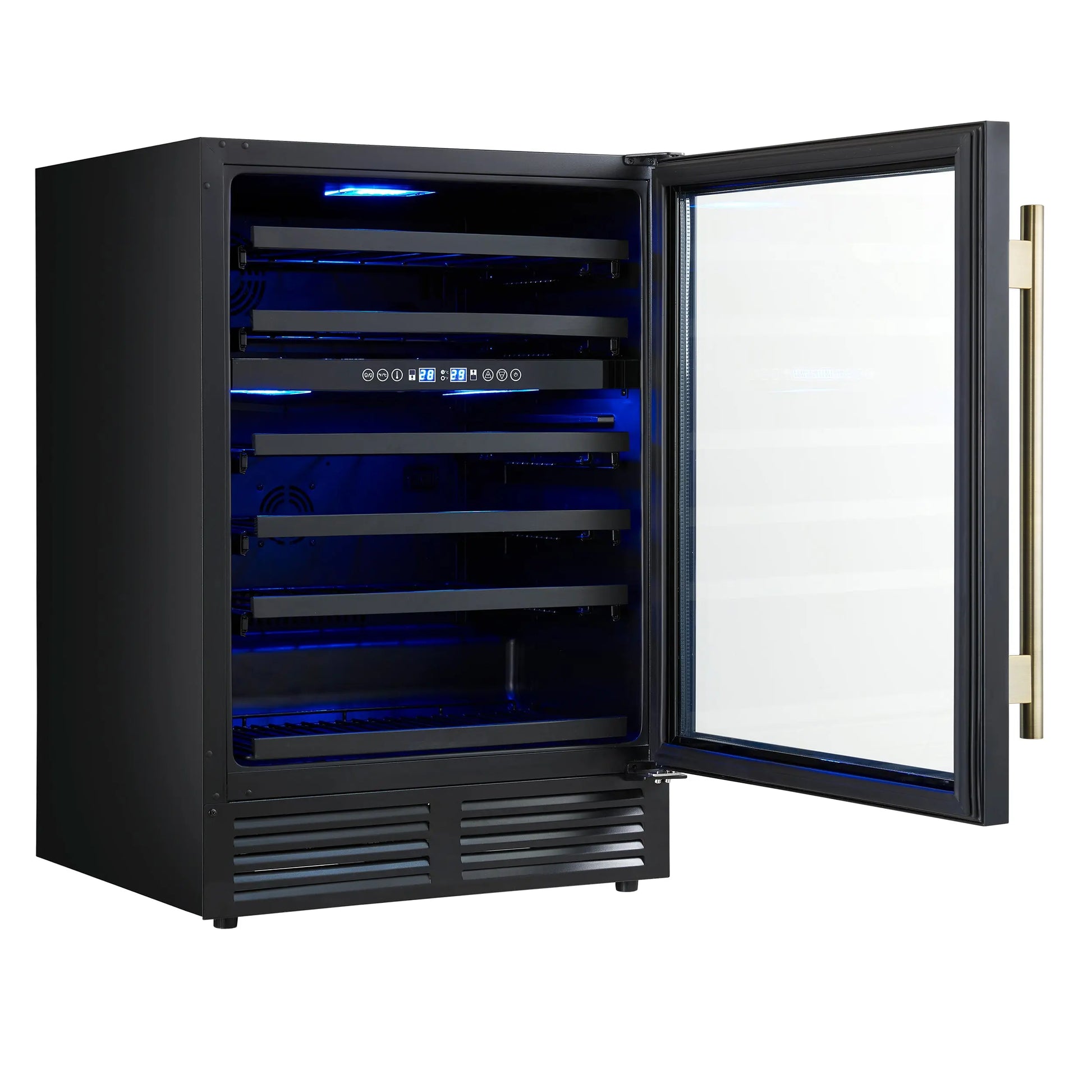 Forno Bacchino 24 Inch Wine Cooler, Black with Antique Brass Handles, with LED Lighting, Triple Glass Door, 51 Bottle Capacity, Built-In FORNO