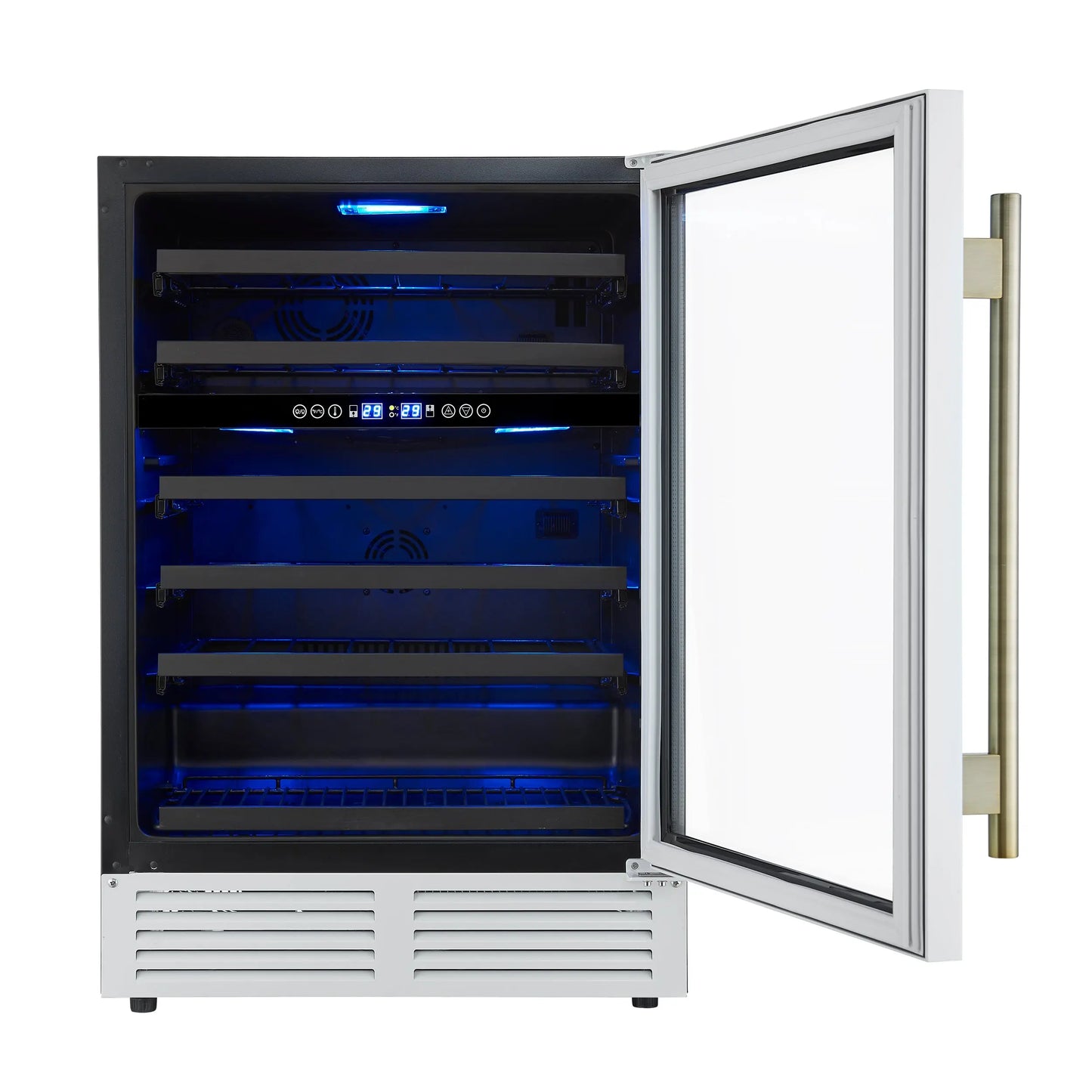 Forno Bacchino 24 Inch Wine Cooler, White with Antique Brass Handles, with LED Lighting, Triple Glass Door, 51 Bottle Capacity, FORNO
