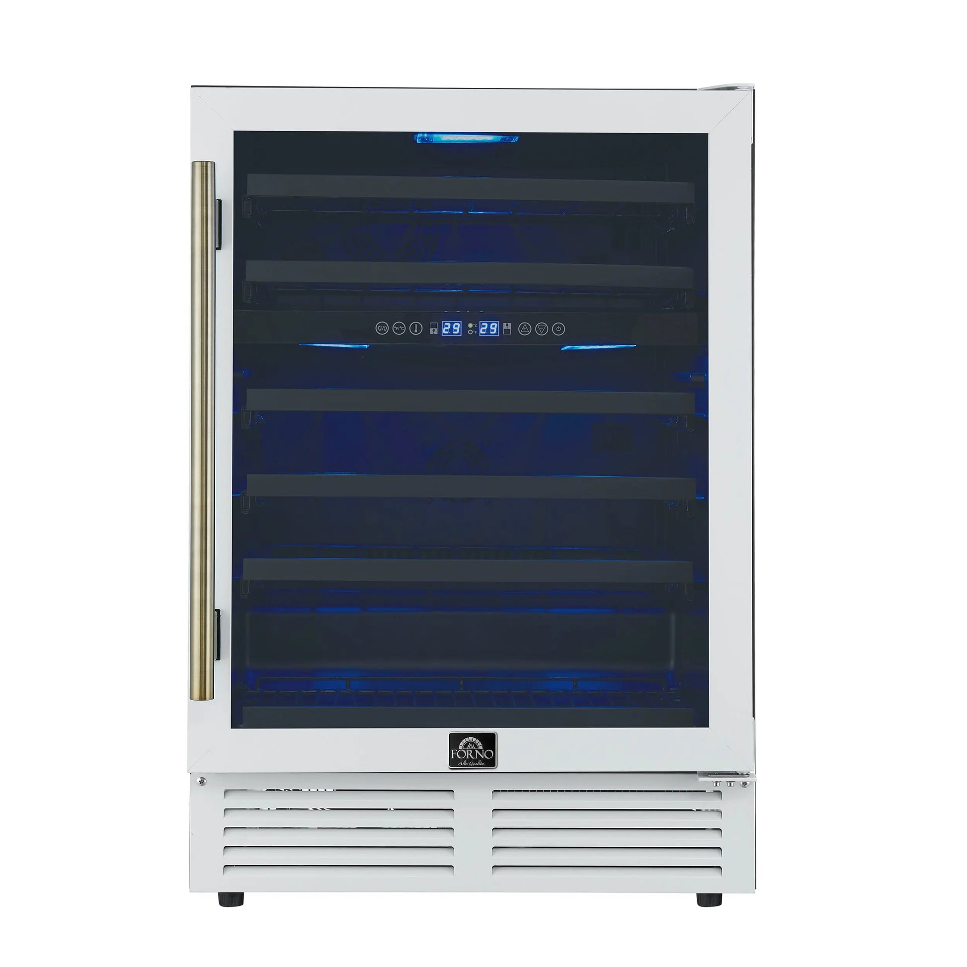Forno Bacchino 24 Inch Wine Cooler, White with Antique Brass Handles, with LED Lighting, Triple Glass Door, 51 Bottle Capacity, FORNO