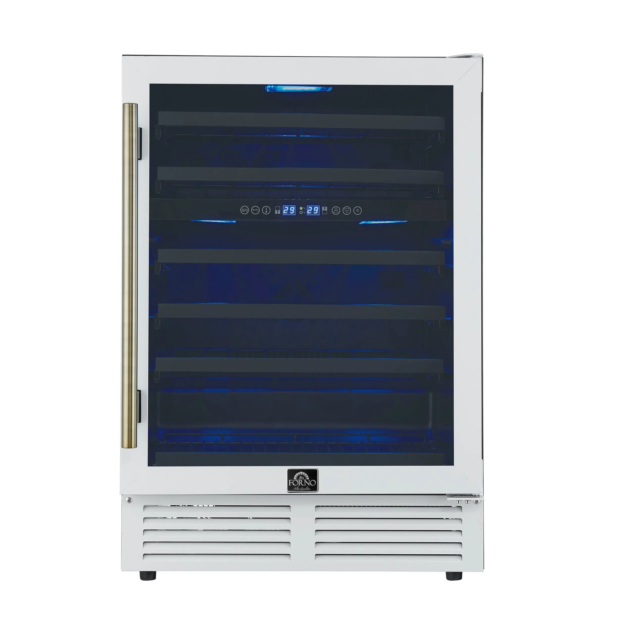 Forno Bacchino 24 Inch Wine Cooler, White with Antique Brass Handles, with LED Lighting, Triple Glass Door, 51 Bottle Capacity, FORNO