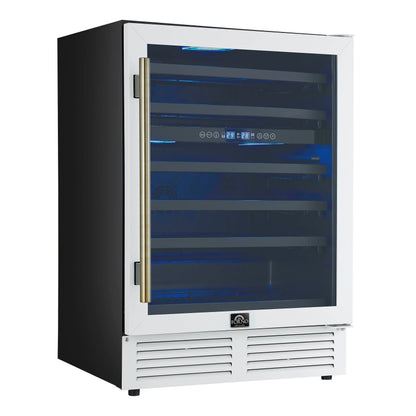Forno Bacchino 24 Inch Wine Cooler, White with Antique Brass Handles, with LED Lighting, Triple Glass Door, 51 Bottle Capacity, FORNO