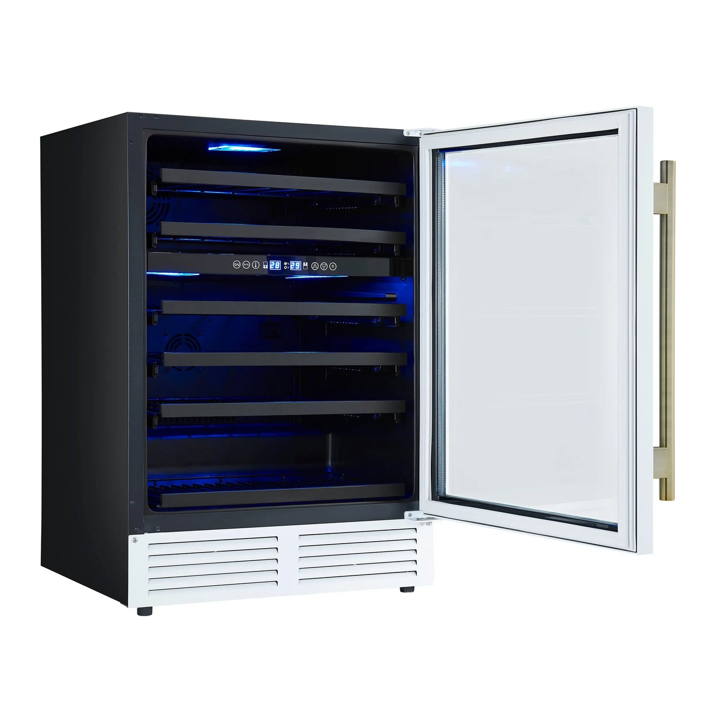 Forno Bacchino 24 Inch Wine Cooler, White with Antique Brass Handles, with LED Lighting, Triple Glass Door, 51 Bottle Capacity, FORNO