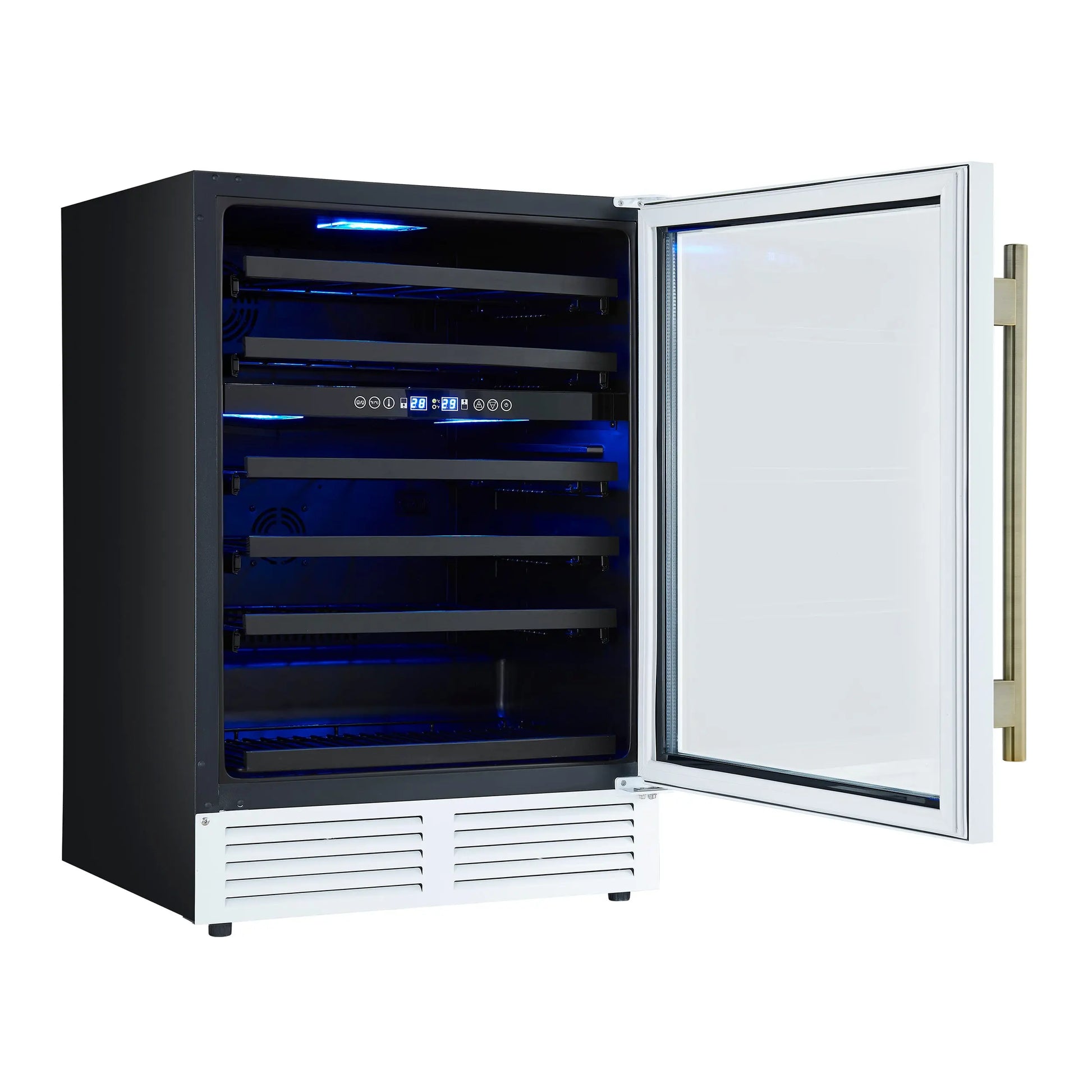 Forno Bacchino 24 Inch Wine Cooler, White with Antique Brass Handles, with LED Lighting, Triple Glass Door, 51 Bottle Capacity, FORNO