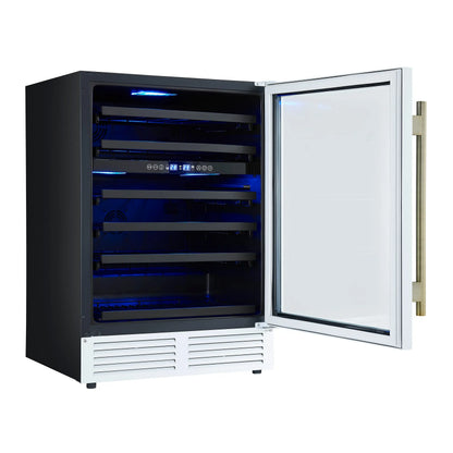 Forno Bacchino 24 Inch Wine Cooler, White with Antique Brass Handles, with LED Lighting, Triple Glass Door, 51 Bottle Capacity, FORNO
