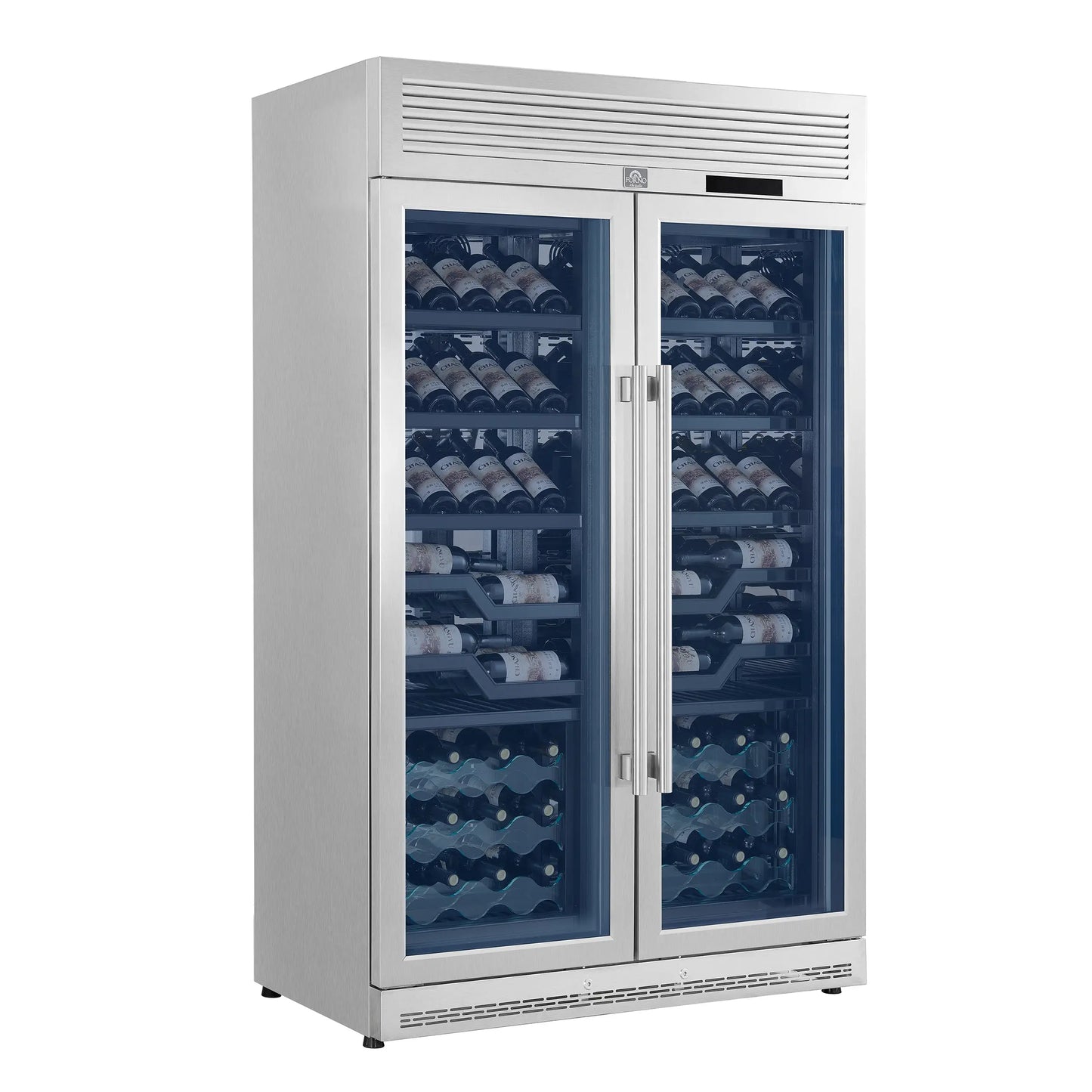 FORNO Abruzzo 48-Inch Dual Zones Wine Cellar, 102 Bottles, 24 cu. ft., Green Acrylic Holders & Black Shelves FORNO