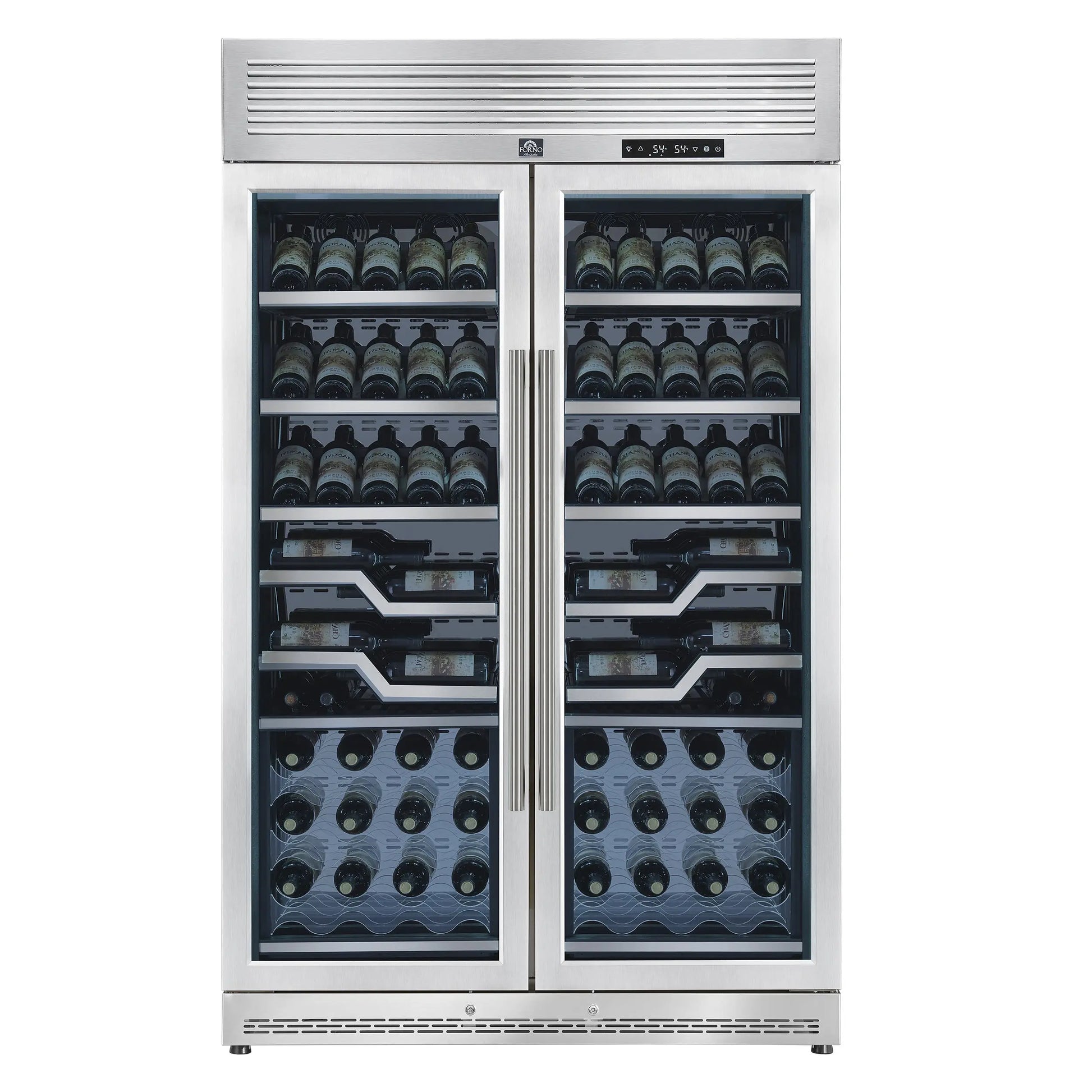 FORNO Abruzzo 48-Inch Dual Zone Wine Cellar, 102 Bottles, 24 cu. ft., Clear Acrylic Holders & Stainless Trim Shelves FORNO