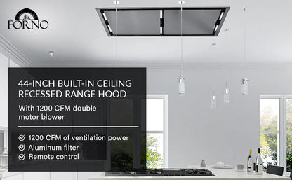 FORNO Arezzo 44-Inch Recessed Ceiling Range Hood, Dual Motors, 1200 CFM, Hybrid Filters, Remote Control FORNO