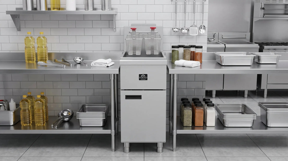 Forno Commerciale Natural Gas Deep Fryer, 4 Burners 120,000 BTU, 50 lbs Oil Capacity FORNO