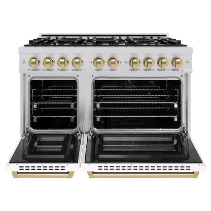 https://cdn.shopify.com/s/files/1/0596/2504/6223/files/zline--select--satin--stainless--steel--dual--fuel--range--autograph--edition--champagne--bronze--HDRSZ-WM-48-CB--front--open.webp?v=1770241438
